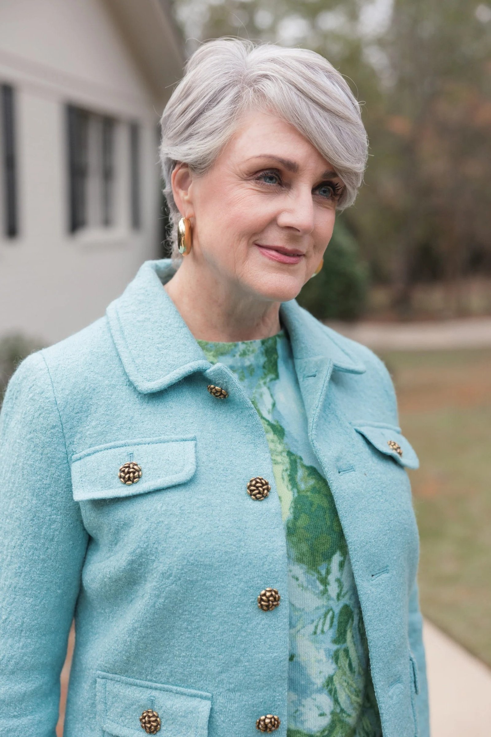 Mint Green Coat with Floral Blouse Closeup - classy fall outfit idea for women over 50