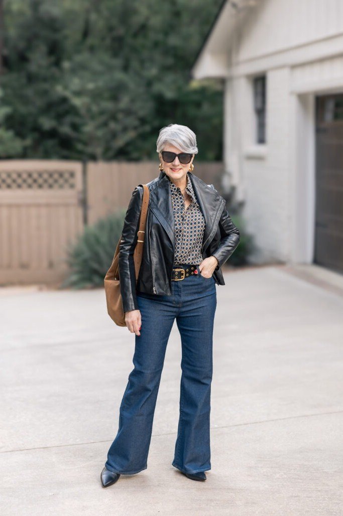 Black Leather Jacket with Dark Flared Jeans - classy fall outfit idea for women over 50