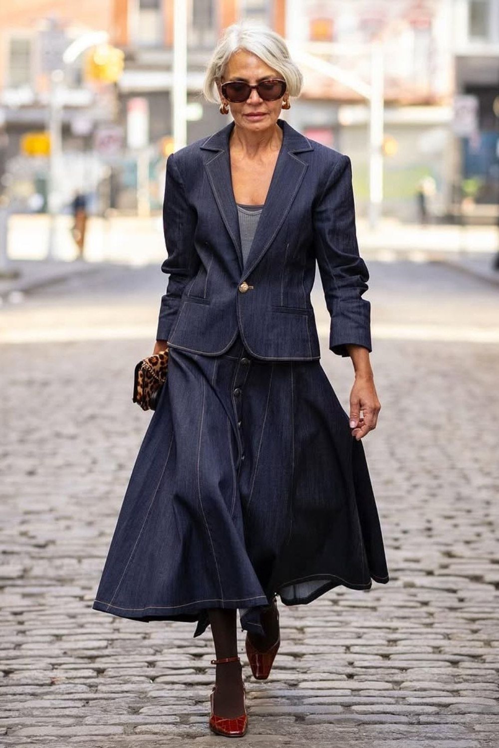 Navy Blazer with Navy Midi Skirt on Cobblestones - classy fall outfit idea for women over 50