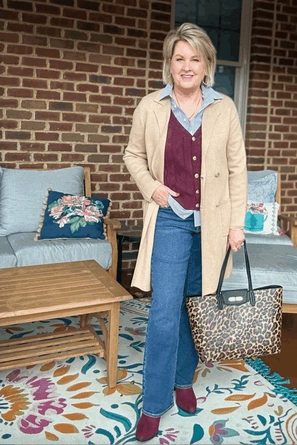Beige Trench with Burgundy Top and Blue Jeans - classy fall outfit idea for women over 50