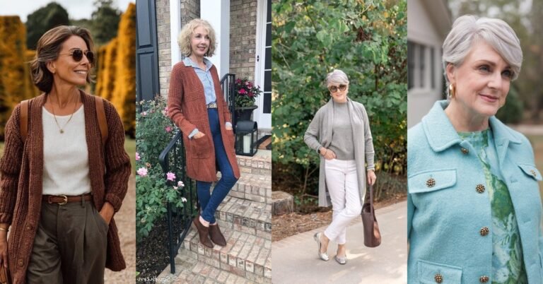 Collage of classy effortless fall outfit ideas for women over 50