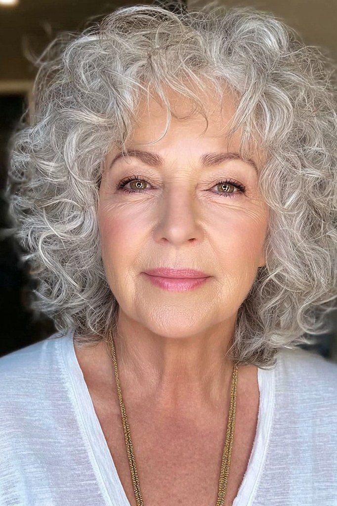Voluminous silver-white curly bob for women over 70