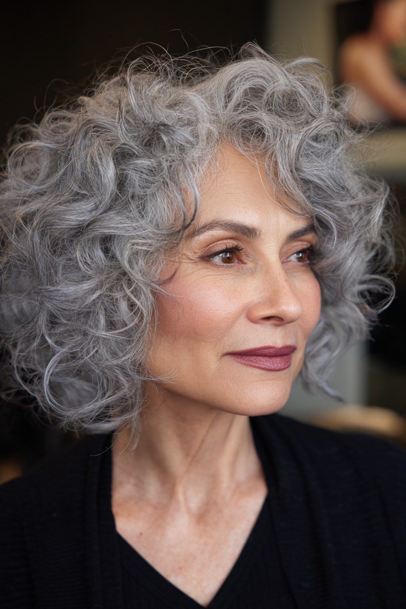 Grey curly bob side view for women over 70