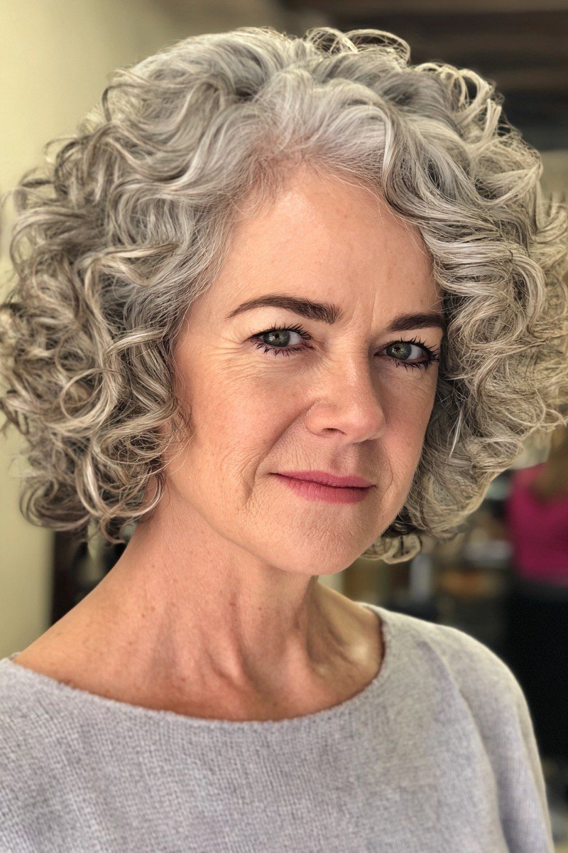 Soft grey curly bob for women over 70