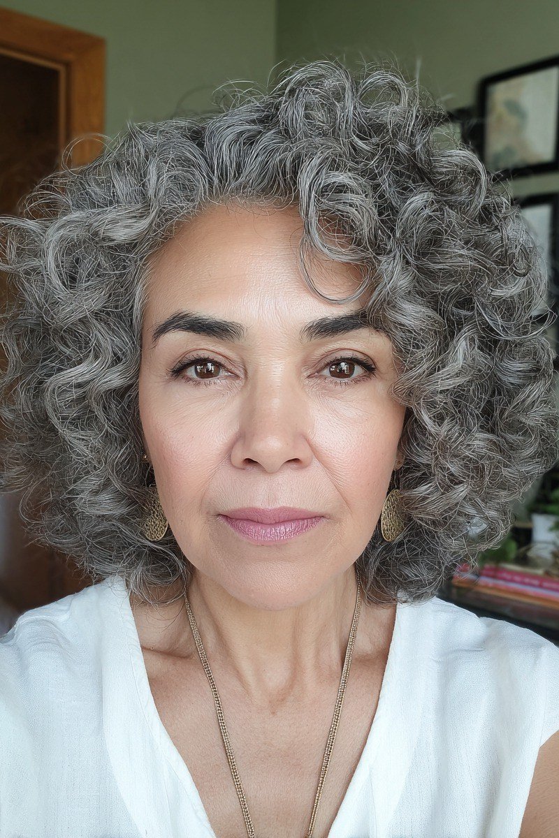 Fresh grey curly bob for women over 70
