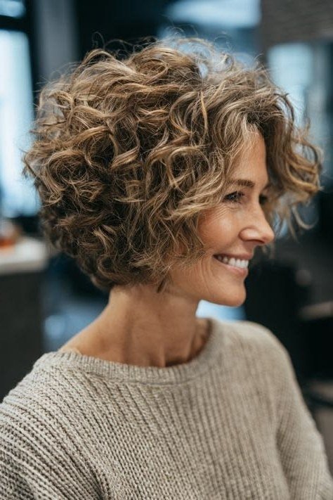 Warm brown curly bob for women over 70