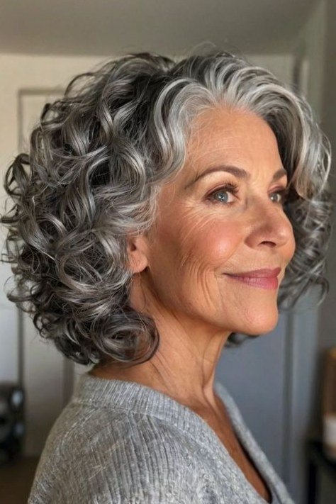 Everyday grey curly bob for women over 70