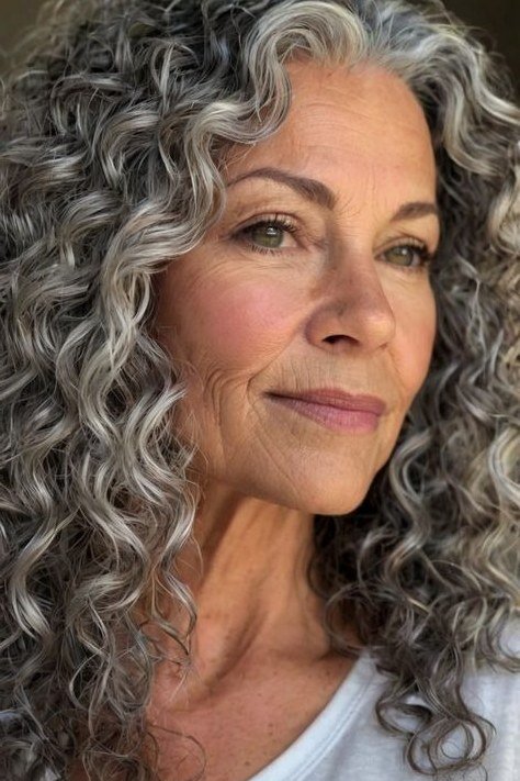 Long defined grey curls for women over 70
