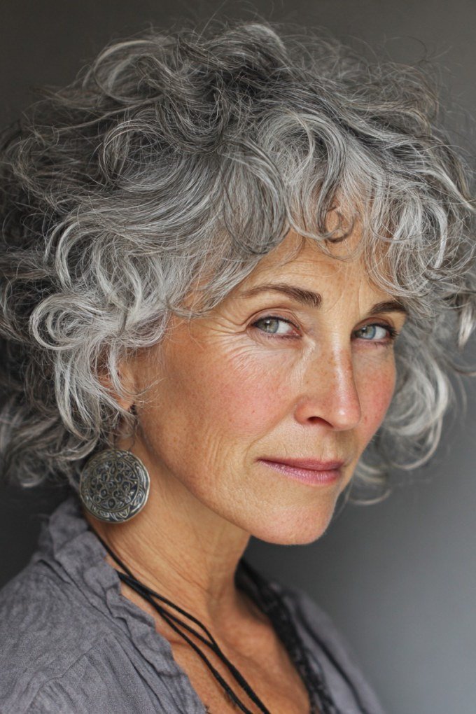 Statement grey curly bob for women over 70