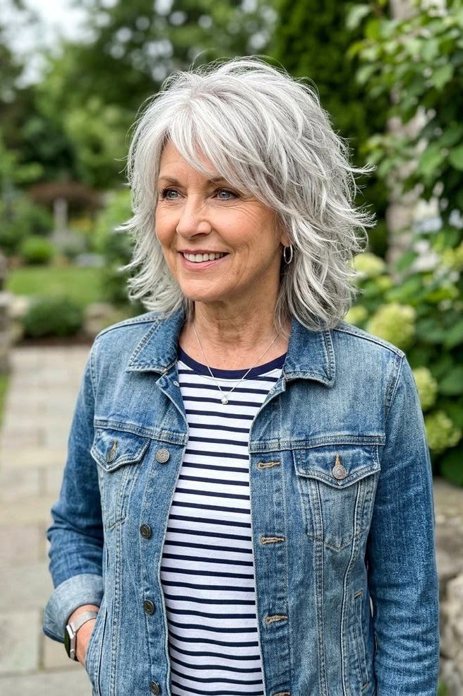 Grey wavy shoulder-length hair for women over 70