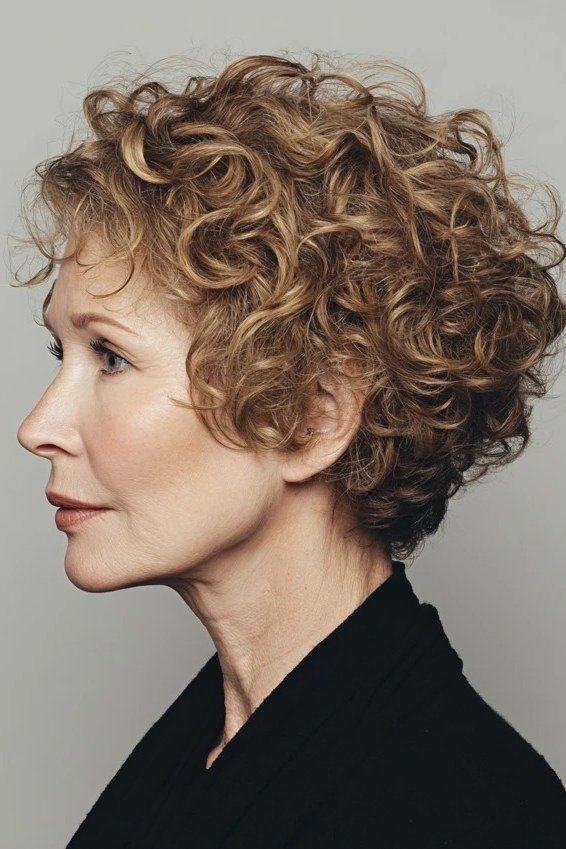 Brown curly pixie for women over 70