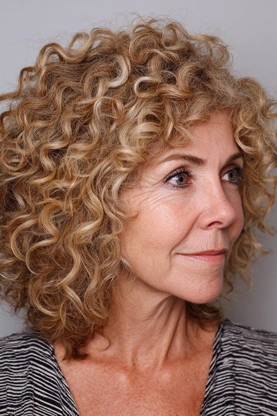 Copper curly bob for women over 70
