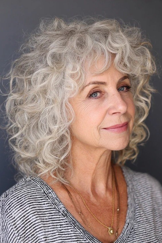 Soft white curly bob for women over 70