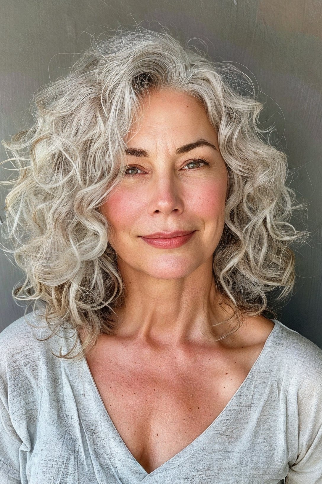 White curly shoulder-length hair for women over 70