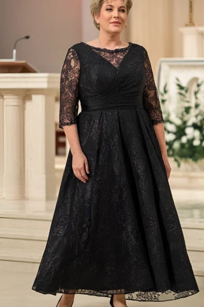 church dresses for women over 60: older woman in classic black lace midi dress