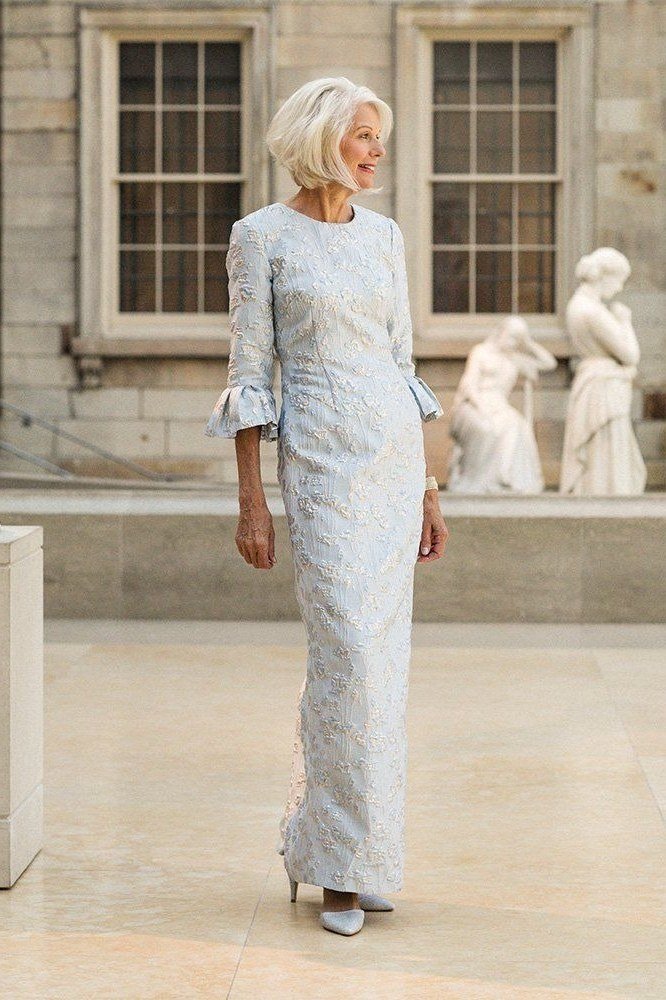 church dresses for women over 60: older woman in powder blue lace maxi dress