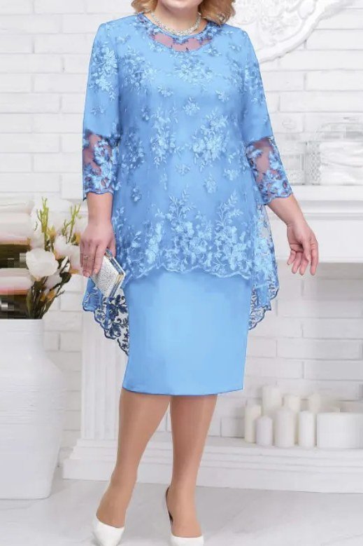 church dresses for women over 60: older woman in light blue lace overlay dress