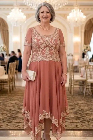 church dresses for women over 60: older woman in dusty rose lace-bodice maxi dress