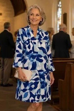 church dresses for women over 60: older woman in blue and white large floral church dress