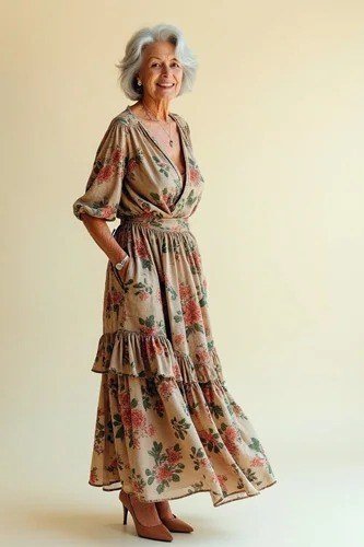 church dresses for women over 60: older woman in tan tiered floral maxi dress