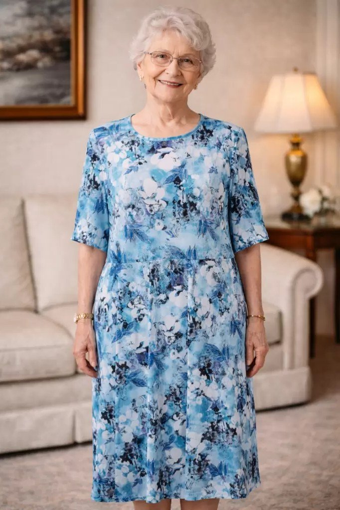 church dresses for women over 60: older woman in blue watercolor floral midi dress