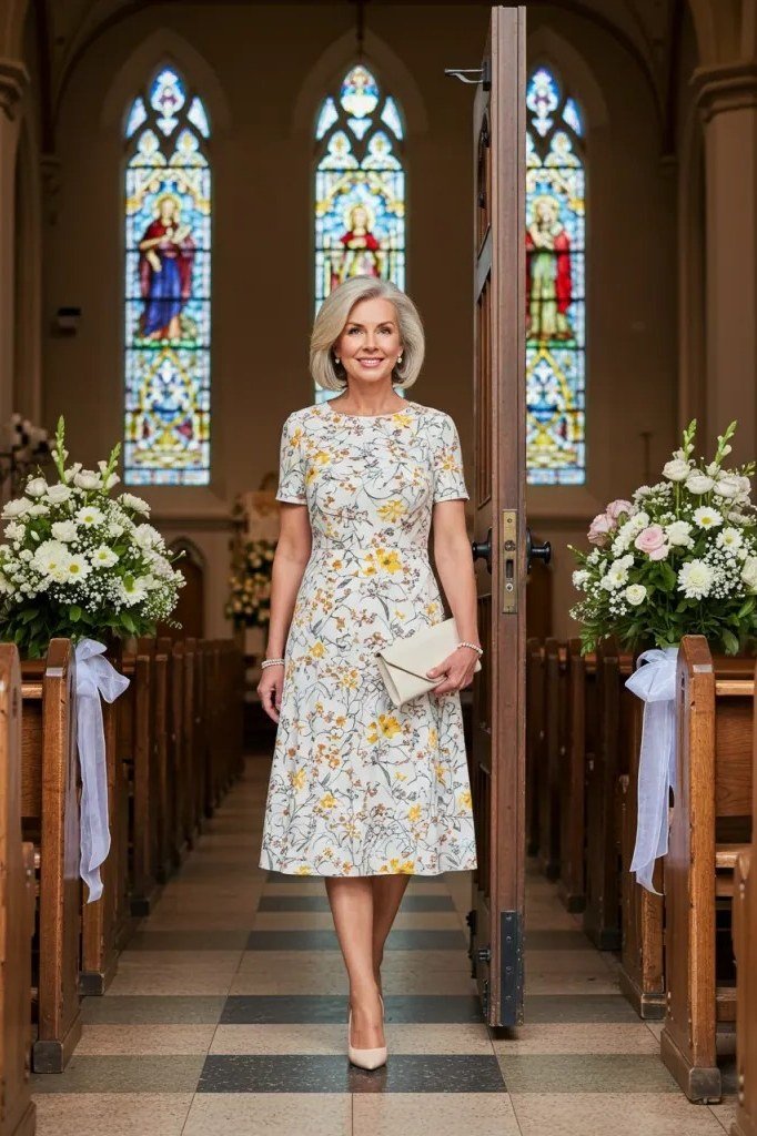 church dresses for women over 60: older woman in yellow floral white church aisle dress