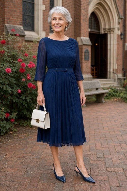 church dresses for women over 60: older woman in navy pleated midi with sheer sleeves