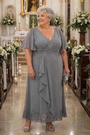 church dresses for women over 60: older woman in soft gray wrap dress with lace hem