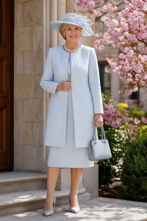 church dresses for women over 60: older woman in pale blue coat dress with hat