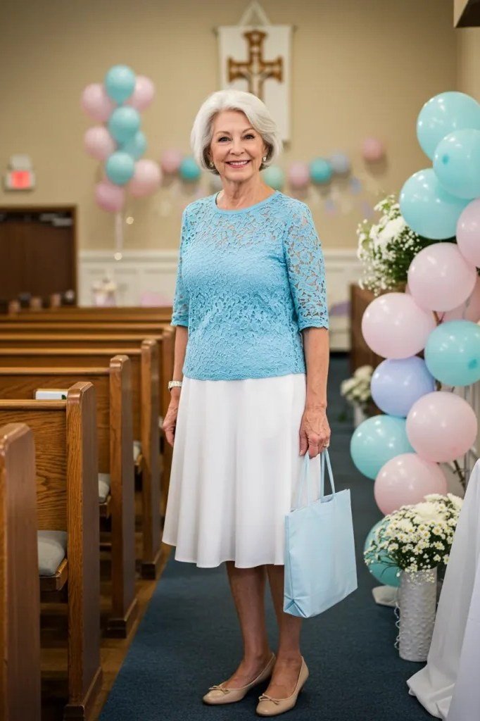 church dresses for women over 60: older woman in light blue lace top with white midi skirt