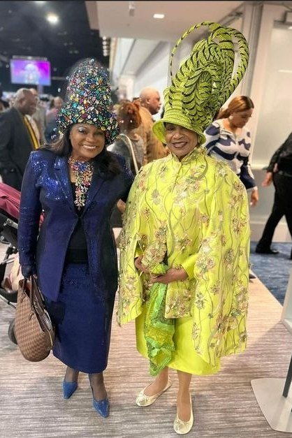 church dresses for women over 60: older woman in bright yellow and royal blue statement dresses