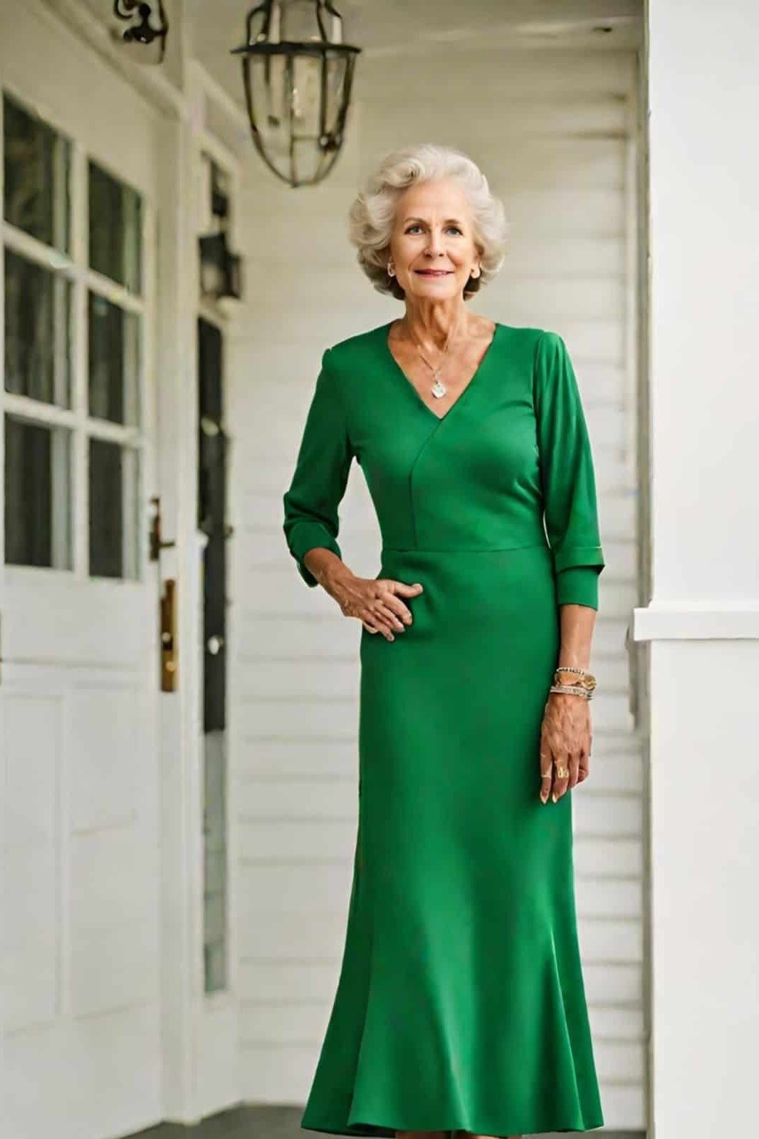 church dresses for women over 60: older woman in emerald green wrap maxi dress