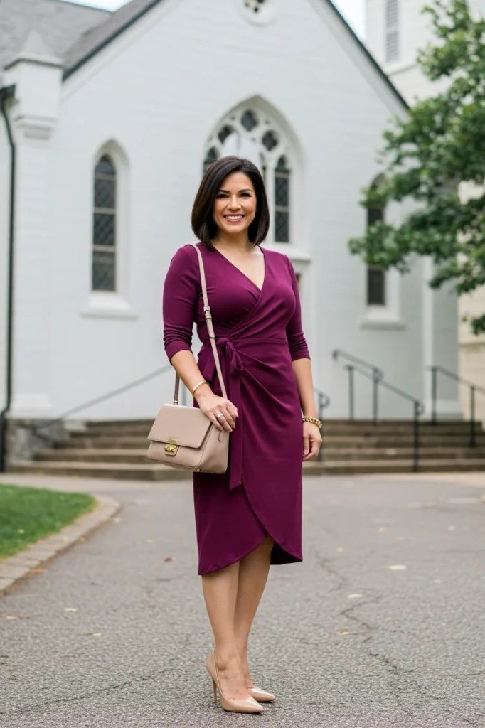 church dresses for women over 60: older woman in magenta true-wrap midi dress