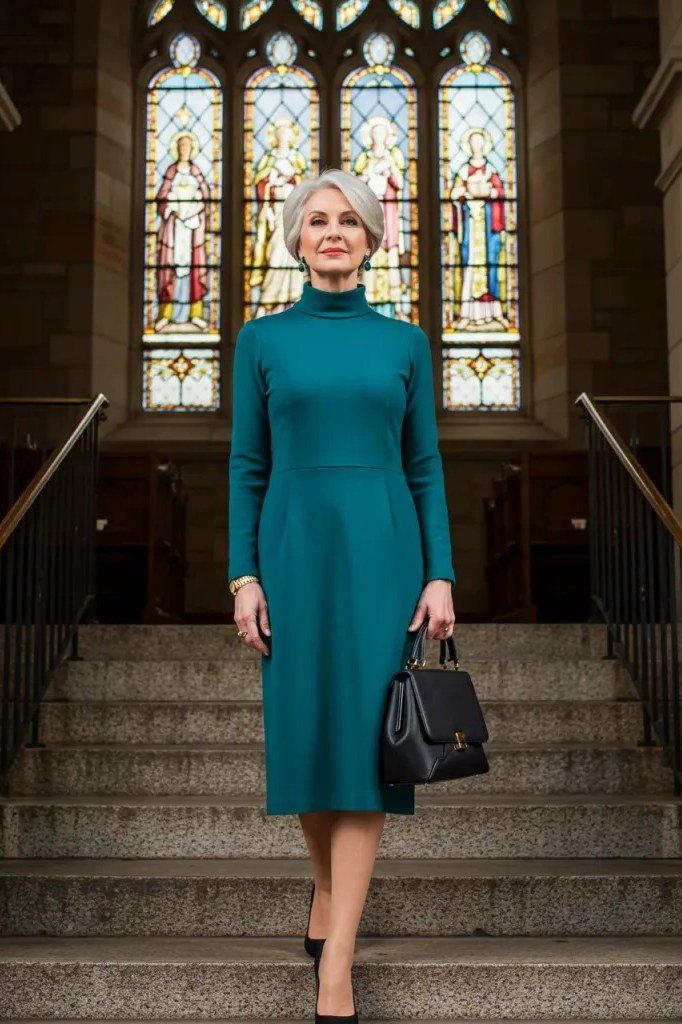 church dresses for women over 60: older woman in teal turtleneck sheath dress