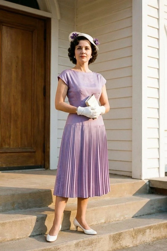 church dresses for women over 60: older woman in lavender pleated dress with flower hat