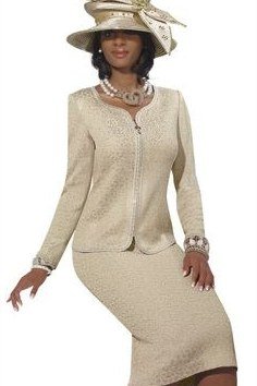 church dresses for women over 60: older woman in cream skirt suit with church hat