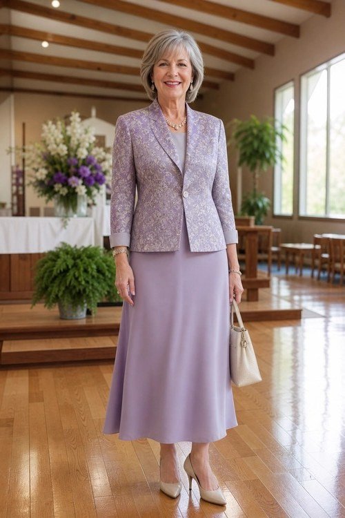 church dresses for women over 60: older woman in lavender brocade jacket with long skirt
