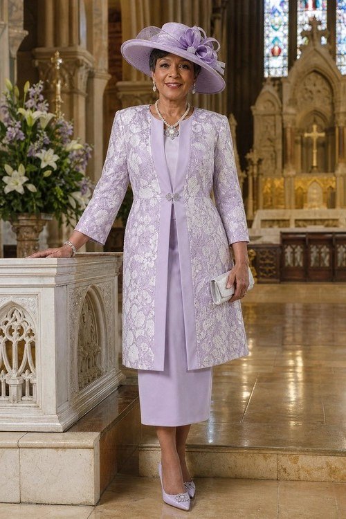 church dresses for women over 60: older woman in lavender lace skirt suit with grand church hat