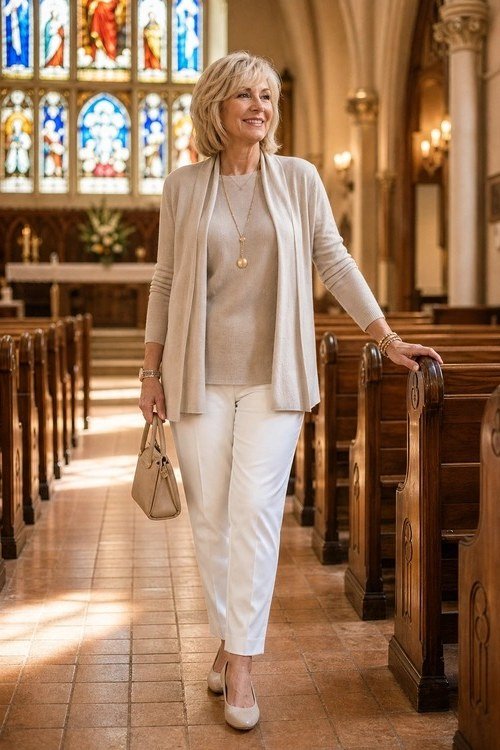 church dresses for women over 60: older woman in beige cardigan with white ankle pants