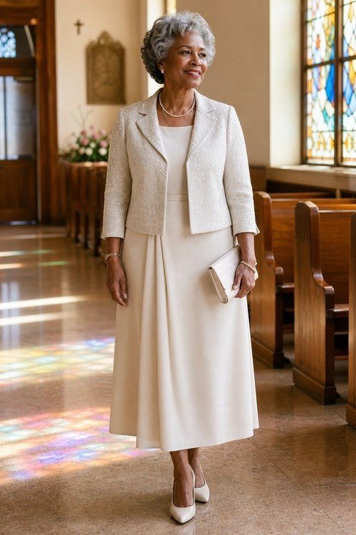 church dresses for women over 60: older woman in cream sheath dress with textured jacket