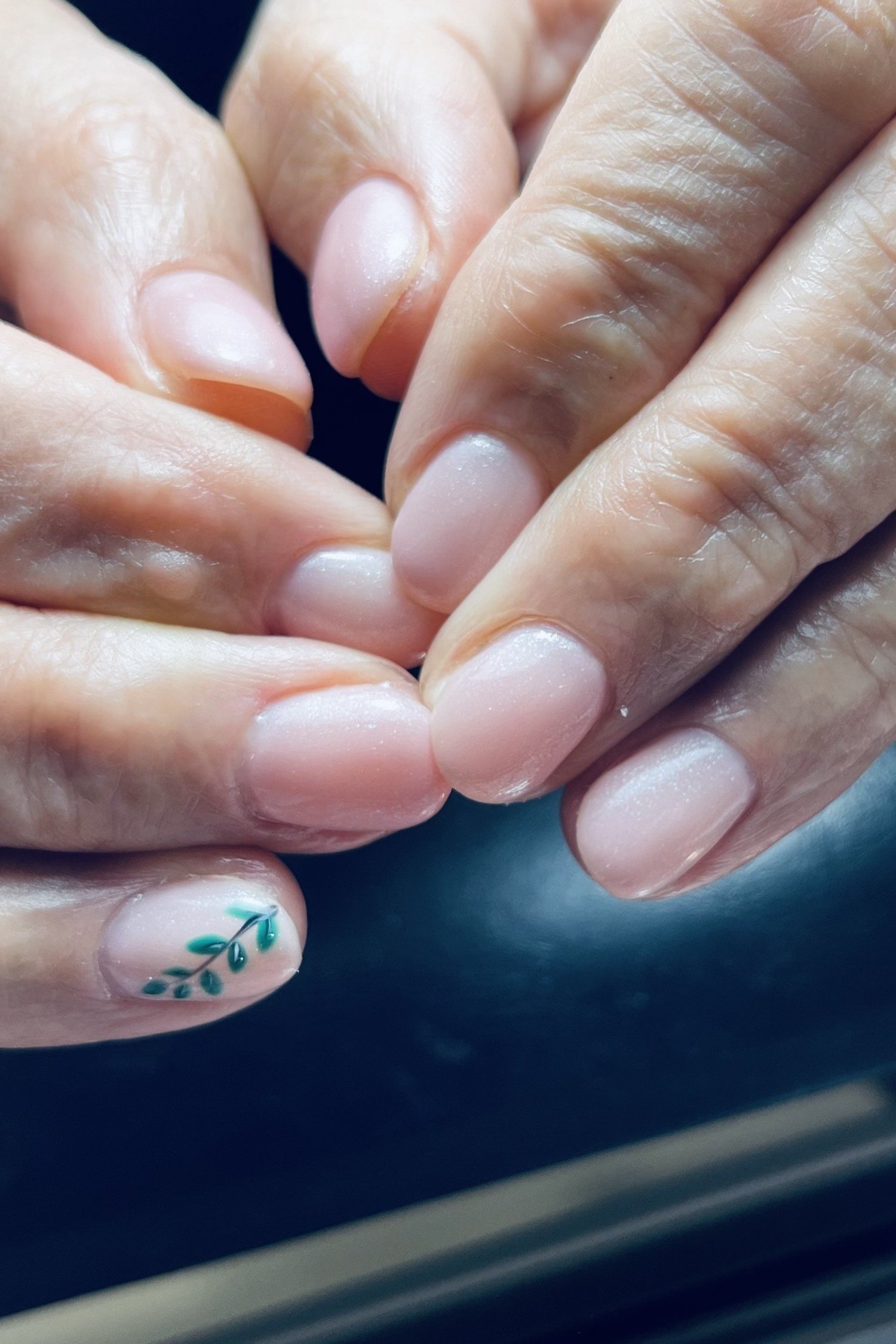 Pale pink matte polish with one accent nail painted with a tiny green leaf sprig design. Short nails on aged hands for women over 60