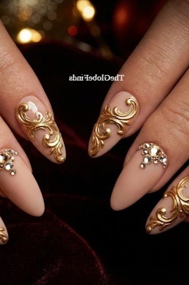 Champagne gold shimmer polish on almond nails of mature hands against a dark background. A small mirrored watermark text appears at the frame edge for women over 60