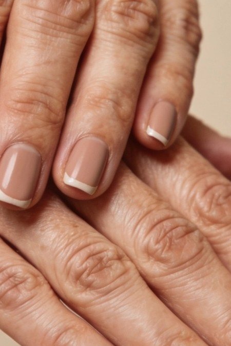 Nude polish with white french tips on short nails of mature hands for women over 60