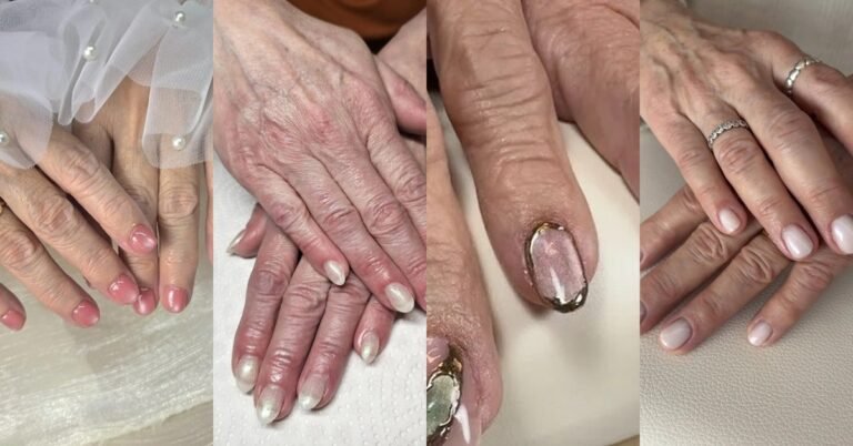 Chic manicure collage for women over 60: pearl, gold and nude nail designs