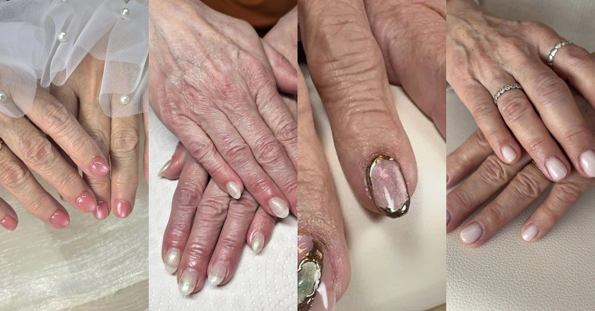 Chic manicure collage for women over 60: pearl, gold and nude nail designs
