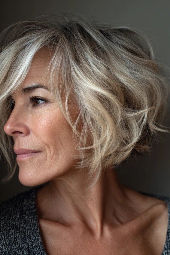 Tousled Silver Waves with Choppy Texture for women over 50