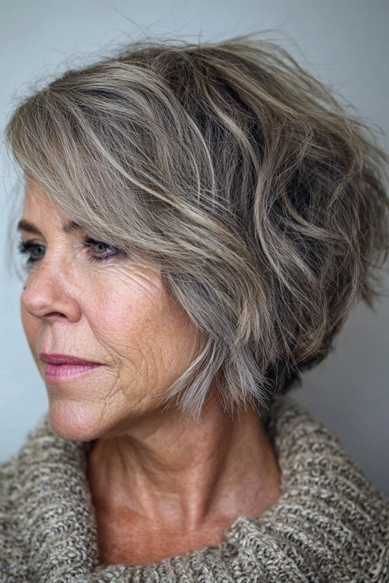 Gray Choppy Bob with Natural Movement for women over 50