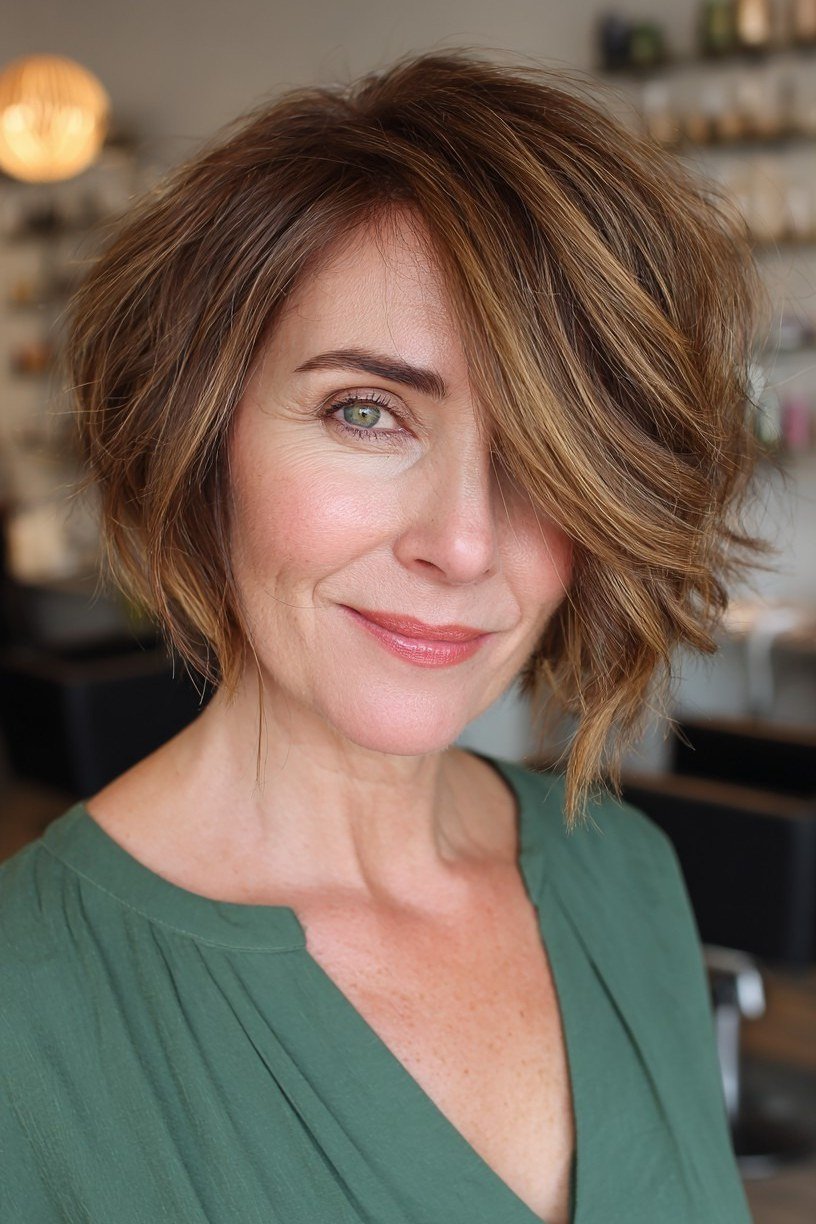 Brunette Choppy Bob with a Fresh Front View for women over 50