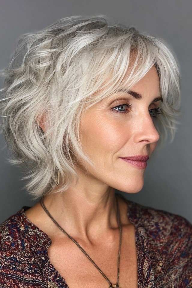 Bright White Choppy Bob with Airy Layers for women over 50