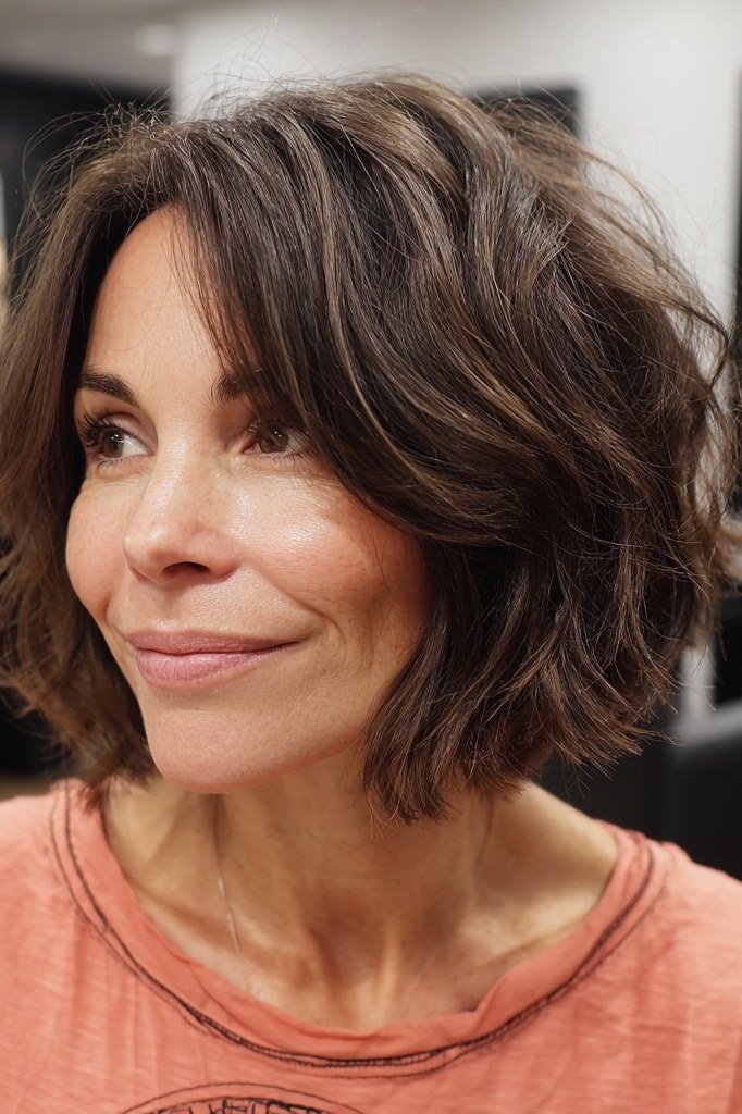 Dark Brunette Choppy Bob with Soft Texture for women over 50